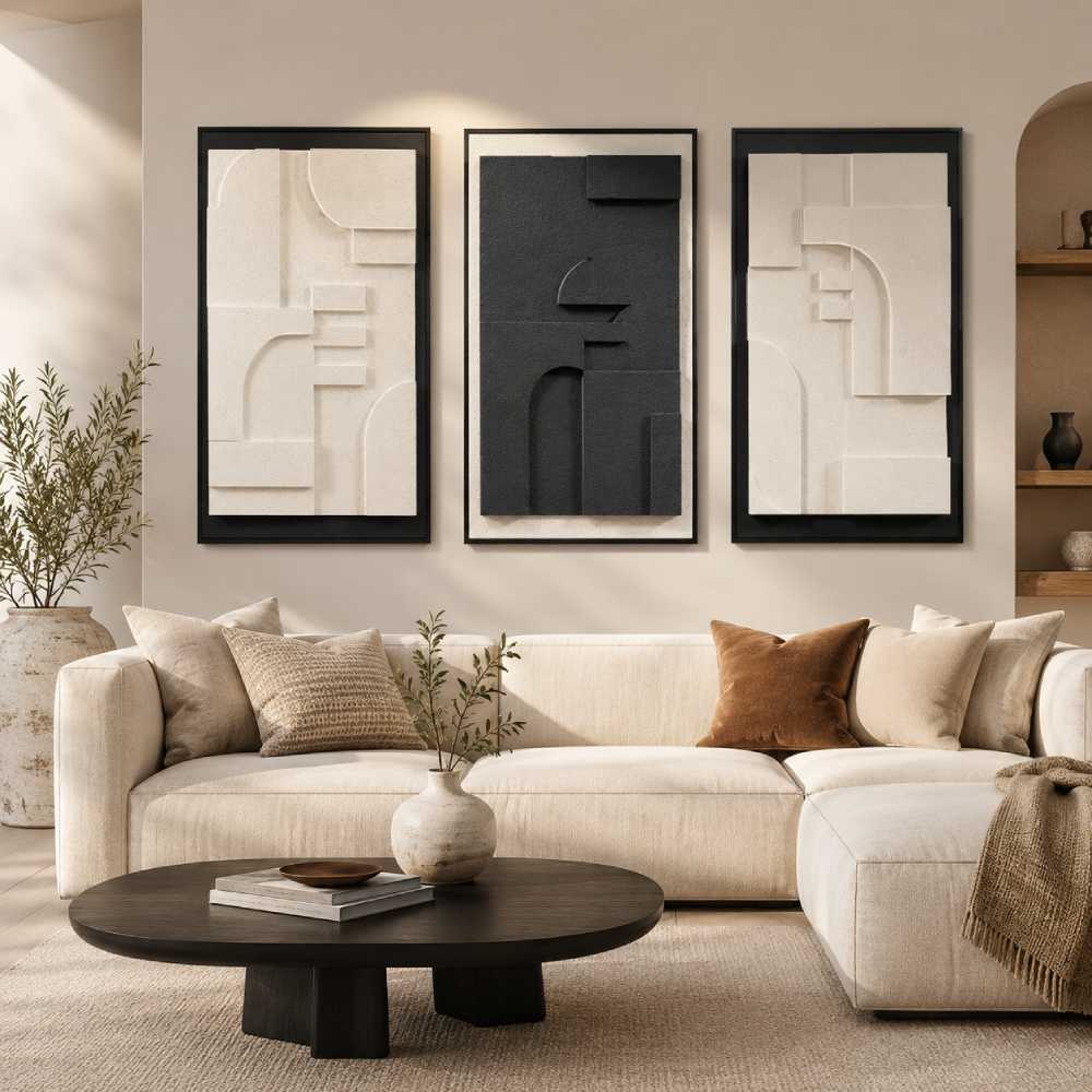3D Textured Wall Art Set of 3, 24×36 Inch Black Beige