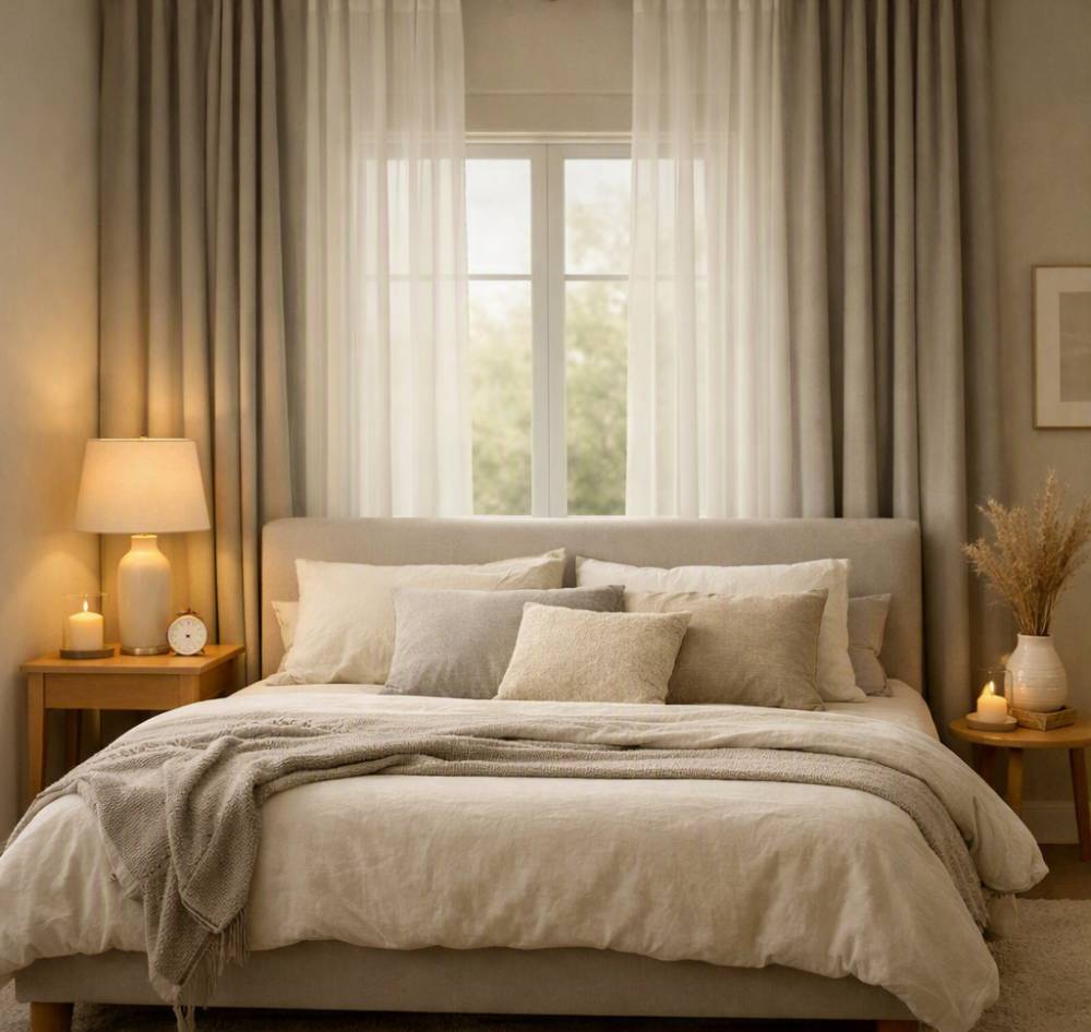 A calm bedroom with layered curtains at the window