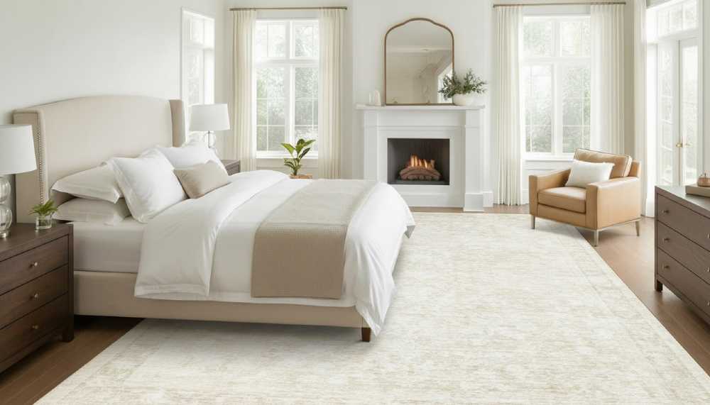 A bedroom with a large rug extending past both sides of the bed