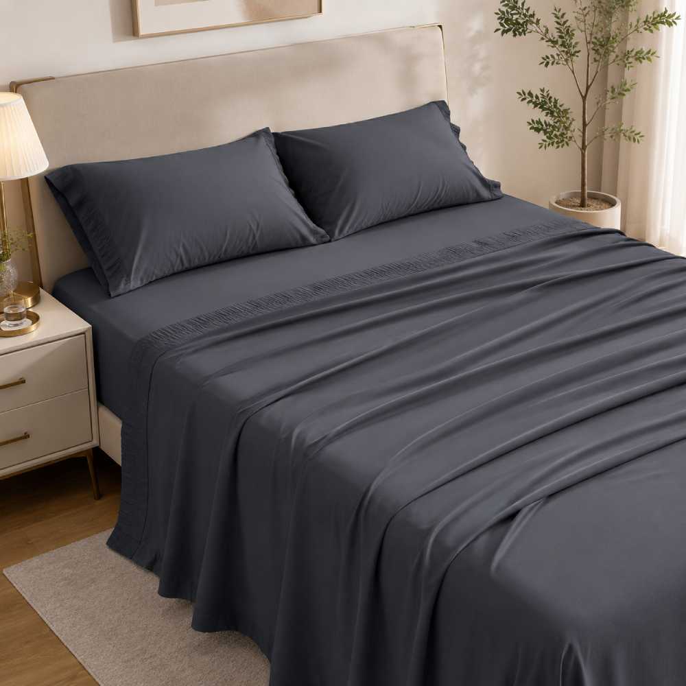 Bedsure dark grey microfiber queen sheet set with ruched hem