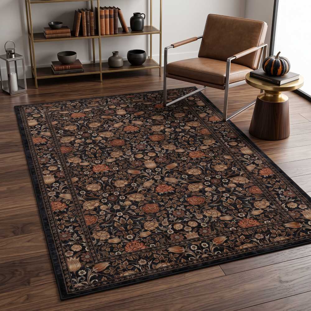 Boho Floral Washable Rug 5×7 Feet, GarveeHome Dark Brown