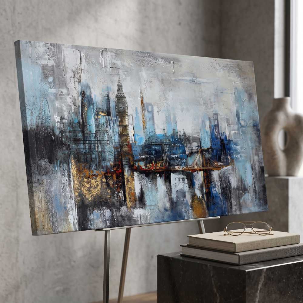 City View Canvas Art 48×24 Inch, Blue Grey Gold Skyline