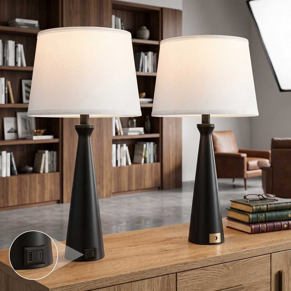 Conical Touch Lamps, Set of 2, 22.4 Inch Black with USB C
