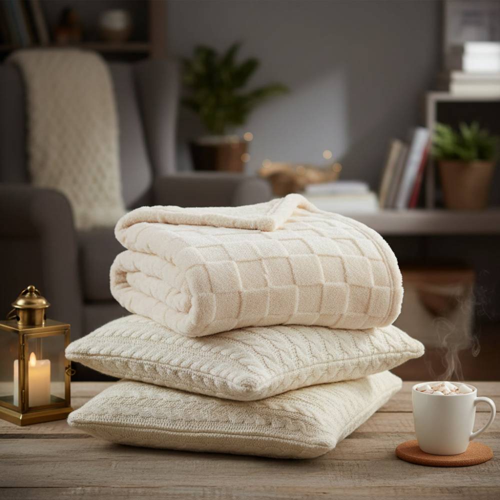 Exclusivo Mezcla 3D Checkered Fleece Throw, Ivory 50