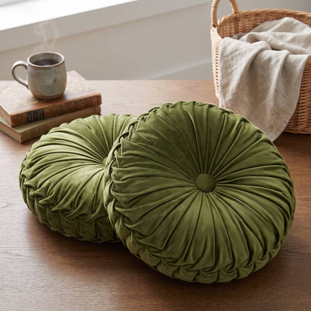 HIG Velvet Round Pleated Pillows, Olive — Set of 2