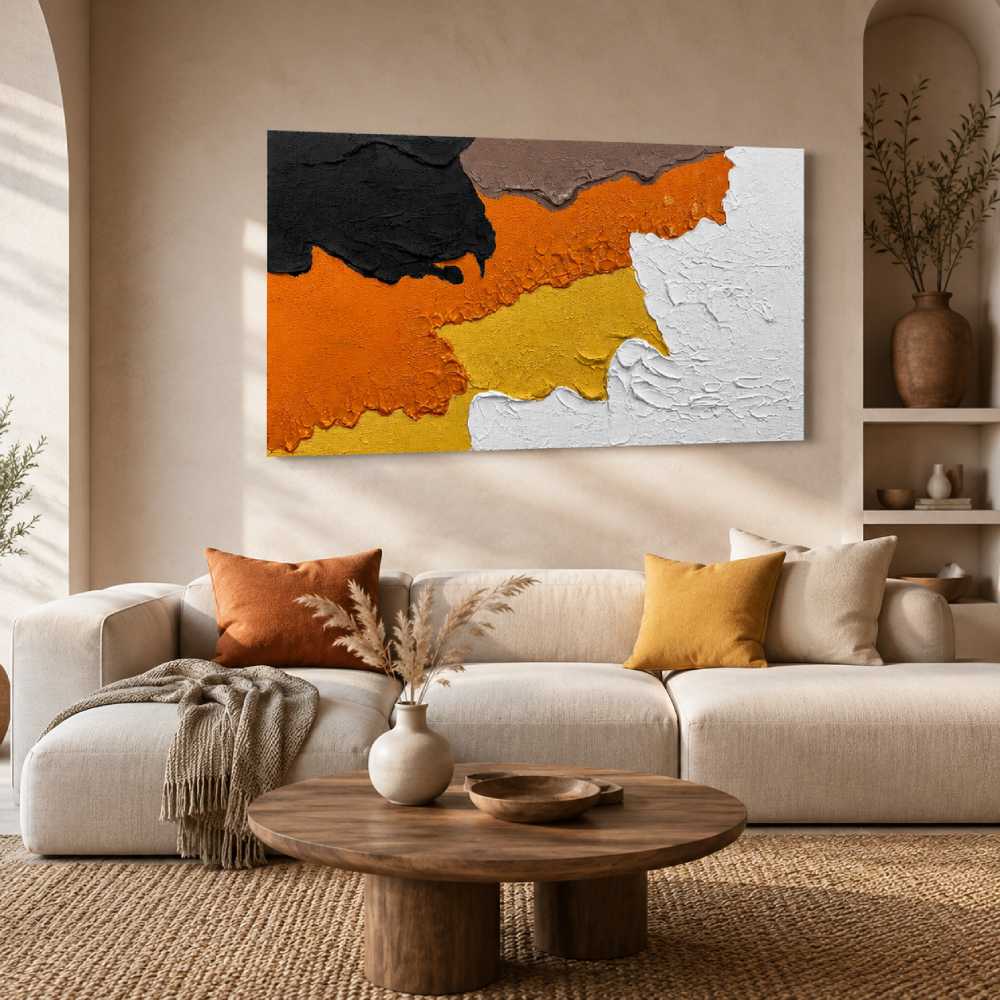 Hand Painted Textured Canvas 47×24 Inch, Orange Black White