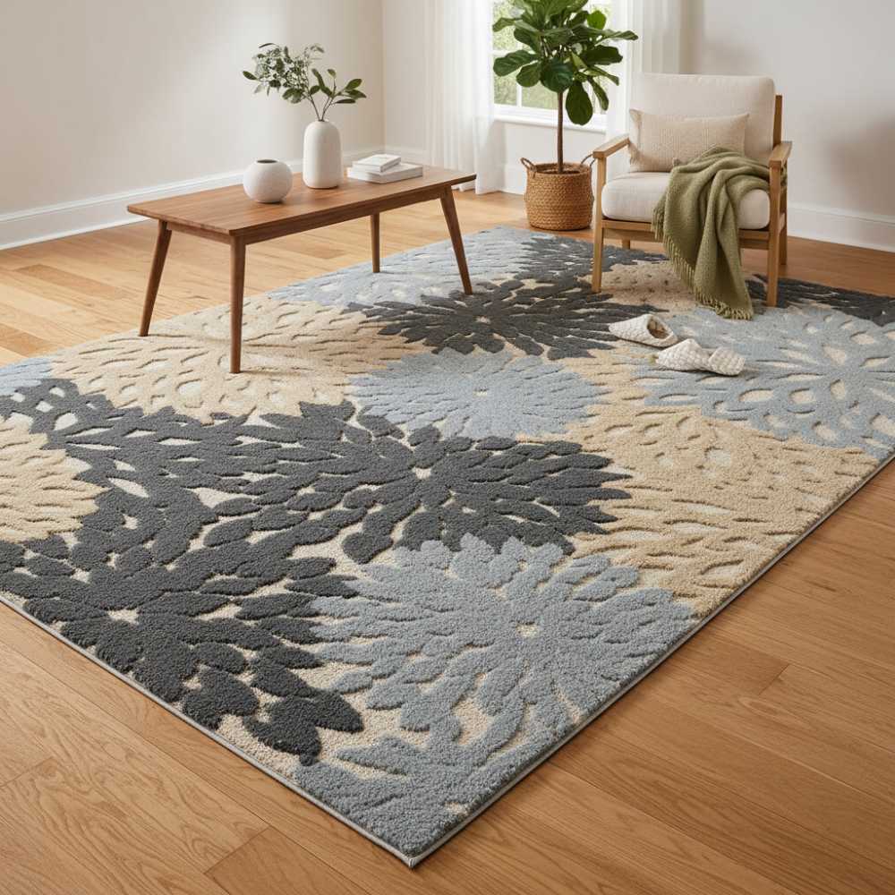 High Low Pile Rug 5×7 Feet, Arenarug Floral Grey Brown