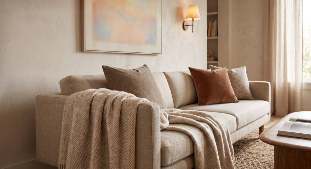 A throw blanket draped over the arm of a neutral sofa