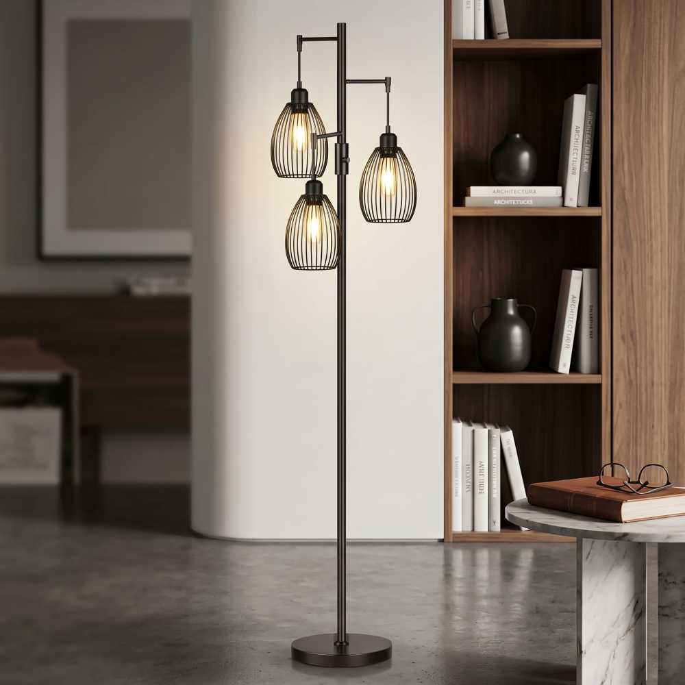Industrial Cage Floor Lamp 70 Inch, 3 Light Black