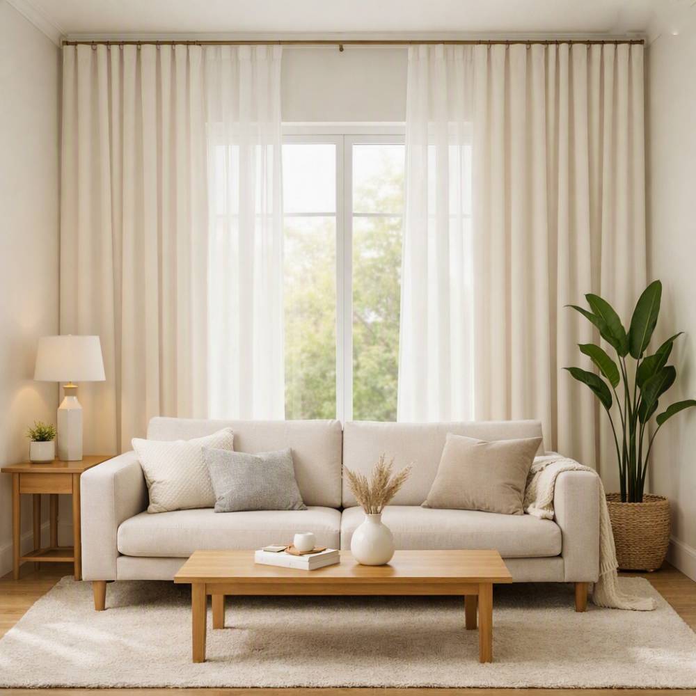 Living room with floor-length curtains mounted high above the window frame