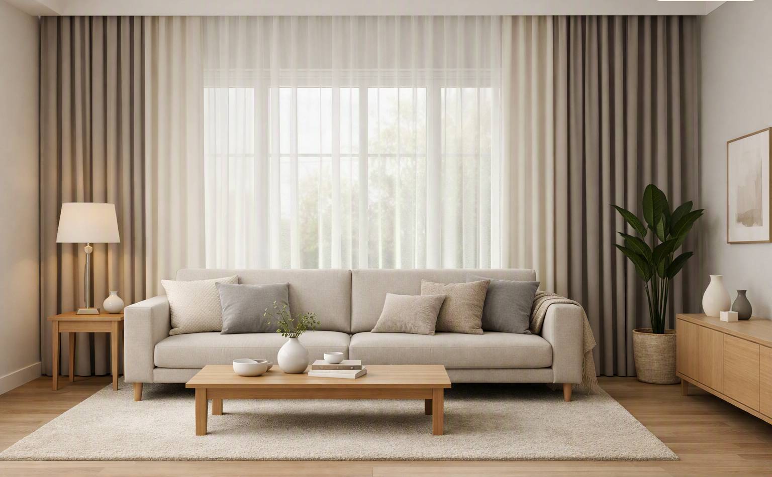 A modern living room with ceiling mounted curtains in a tonal palette