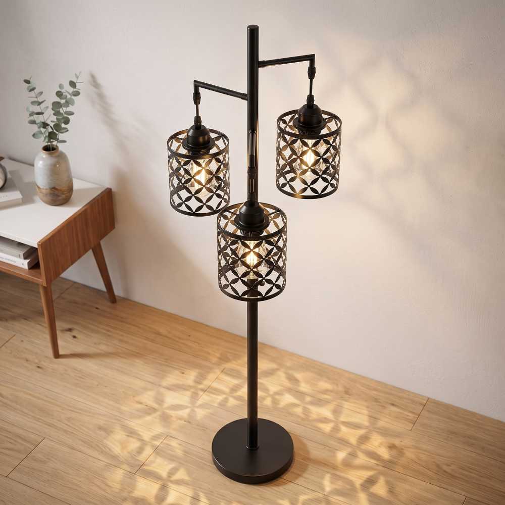 Quatrefoil Cutout Floor Lamp 68 Inch, 3 Light Black