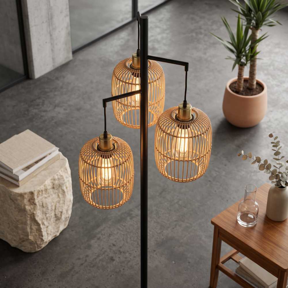 Rattan Cage Floor Lamp 70 Inch, 3 Light Matte Black