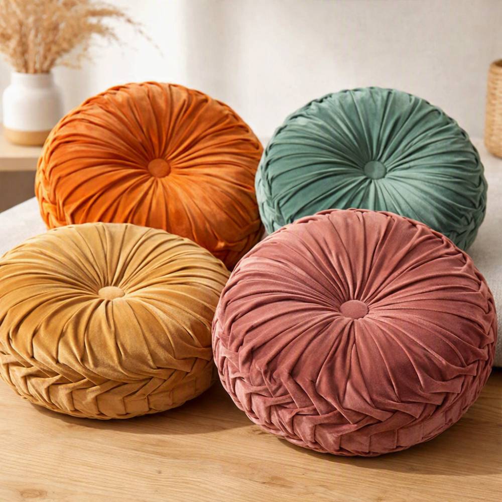 Round Velvet Pleated Pillows — Kathfly 4-Pack, 14