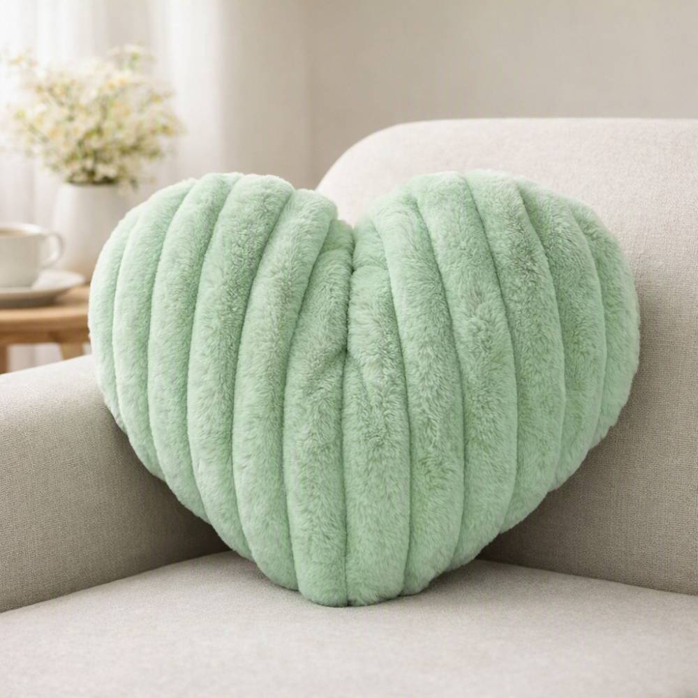 Sage Green Heart Pillow — Nmkopzy Faux Fur, 16