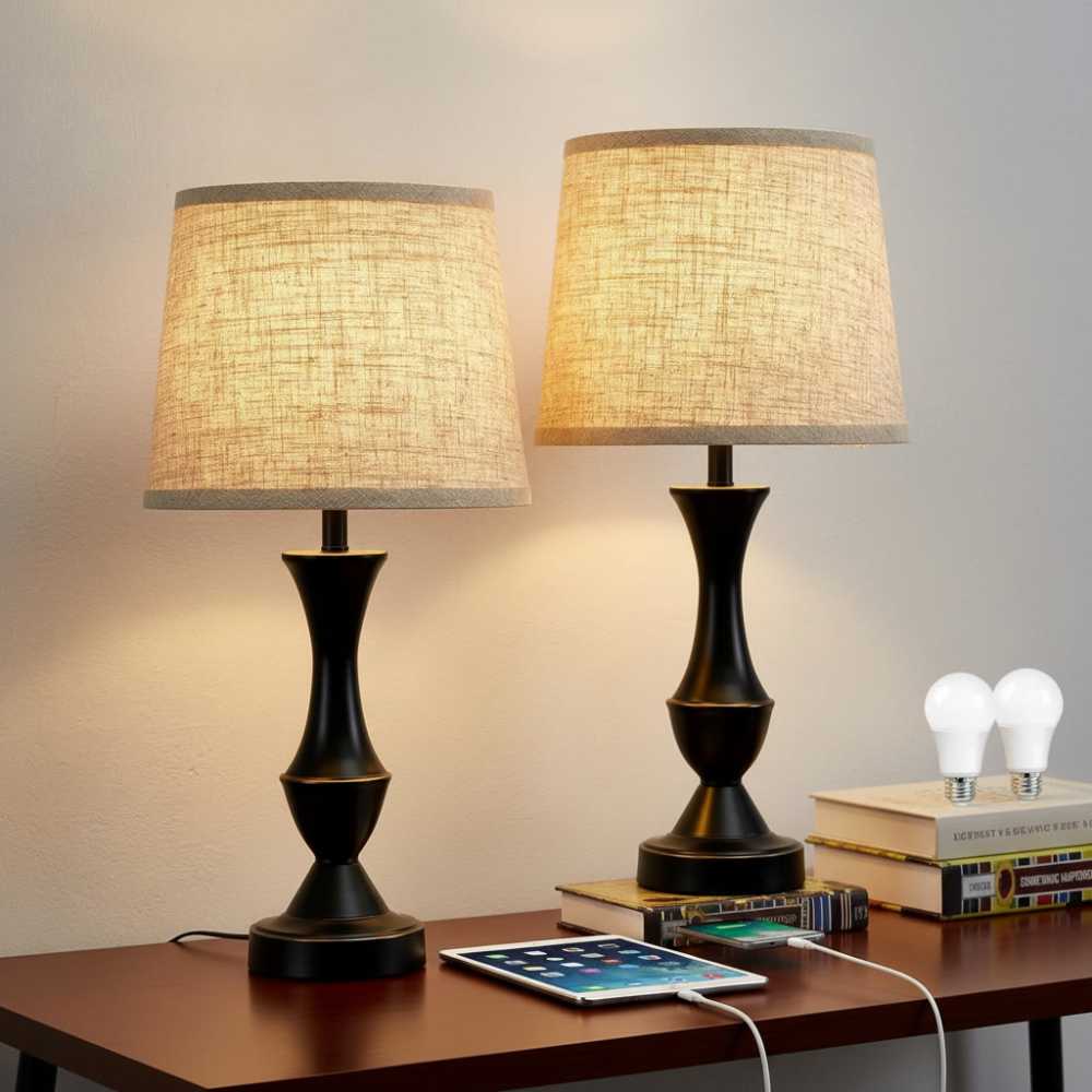 Tall Touch Bedside Lamps, Set of 2, 22 Inch Black with USB C
