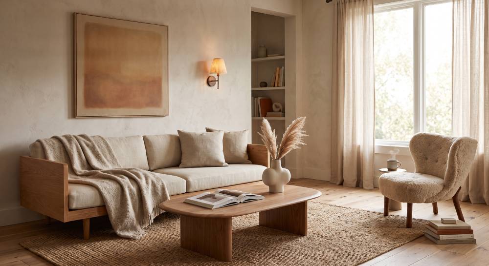 A warm minimalist living room with layered natural textures