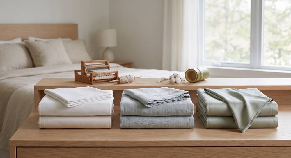 Folded bed sheets in cotton, linen and bamboo