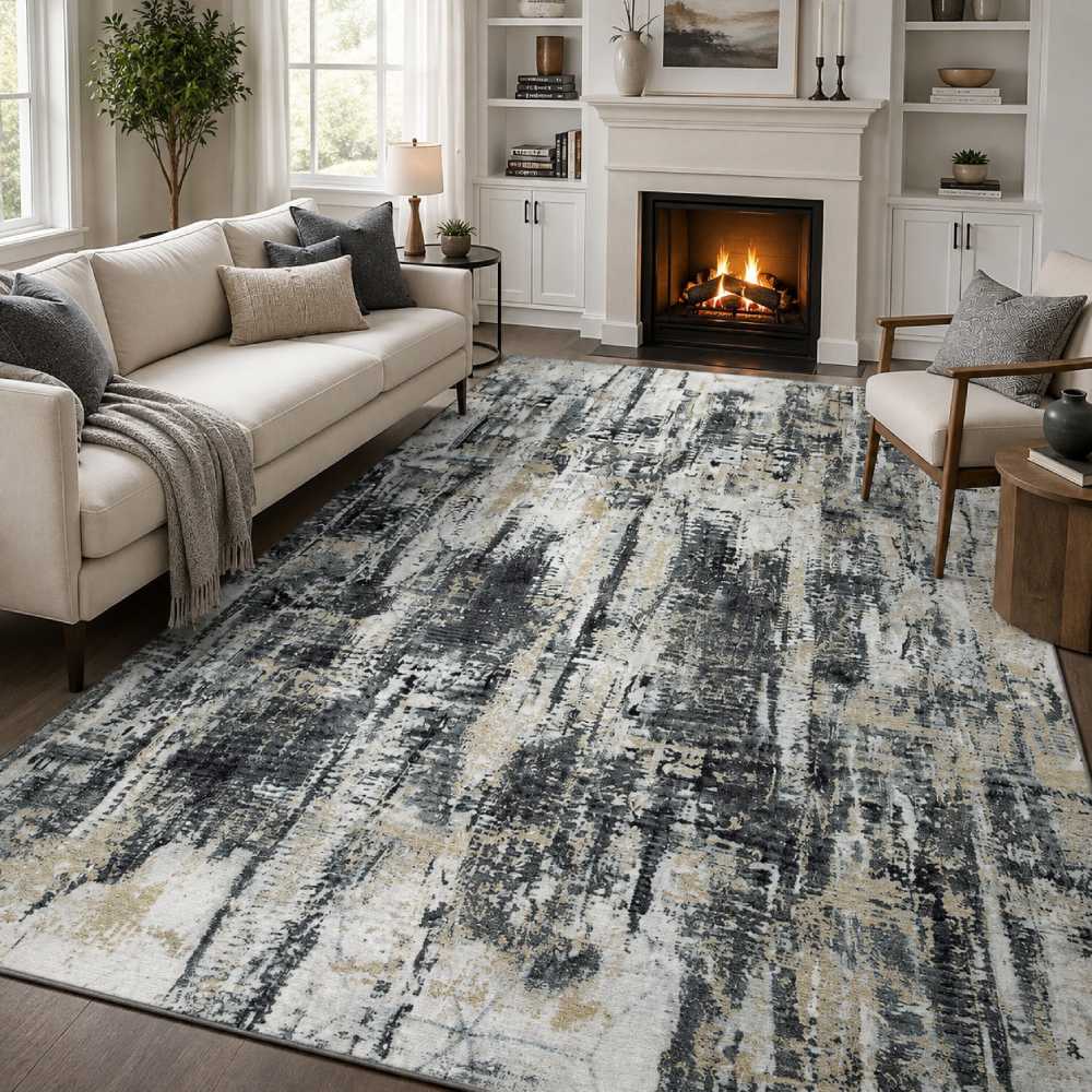 Thin Washable Rug 8×10 Feet, Gent Drizz Abstract Black Gold
