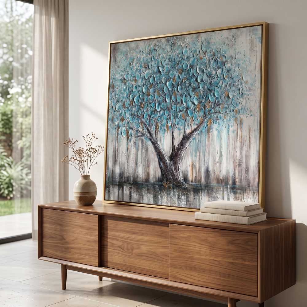 Tree of Life Canvas Wall Art 40×20 Inch, Blue Teal Textured