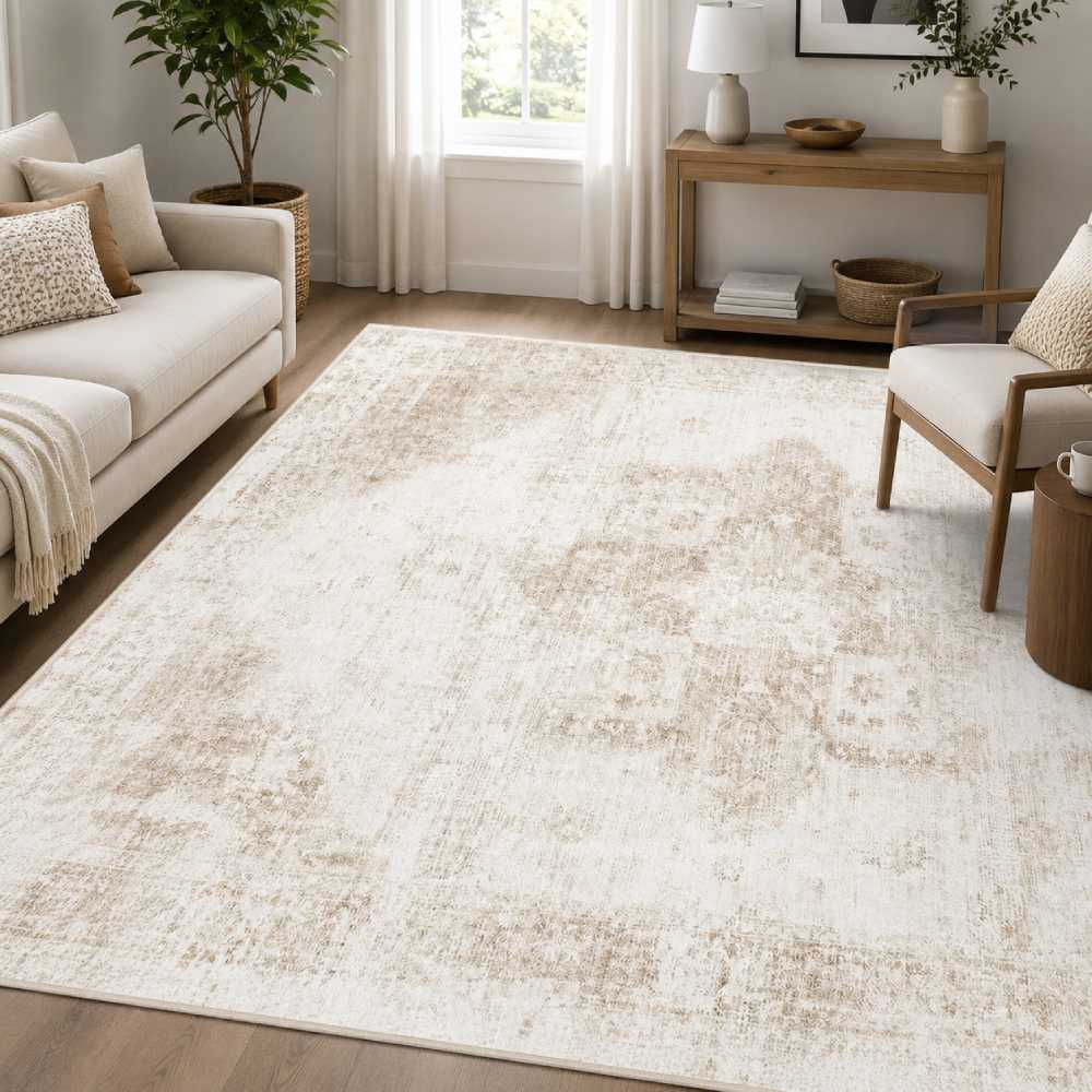 Washable Rug 8×10 Feet, VECARF Vintage Medallion Beige