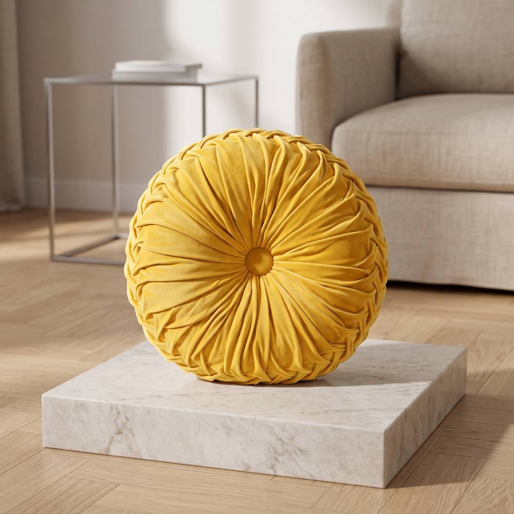 Yellow Round Pleated Velvet Pillows — HIG, 14.5