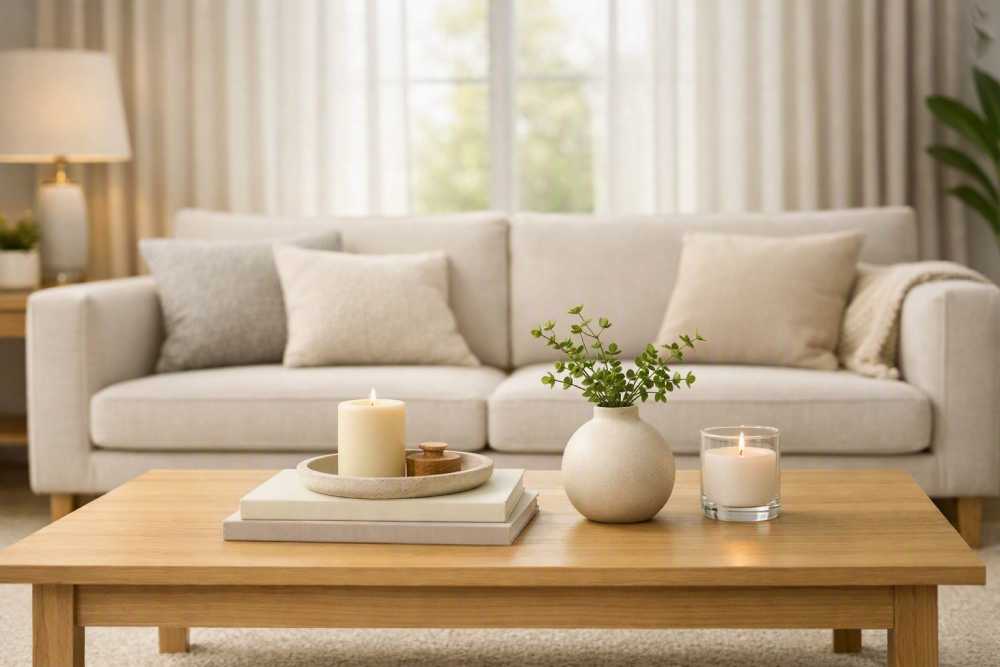 A coffee table set in front of a sofa in a bright living room