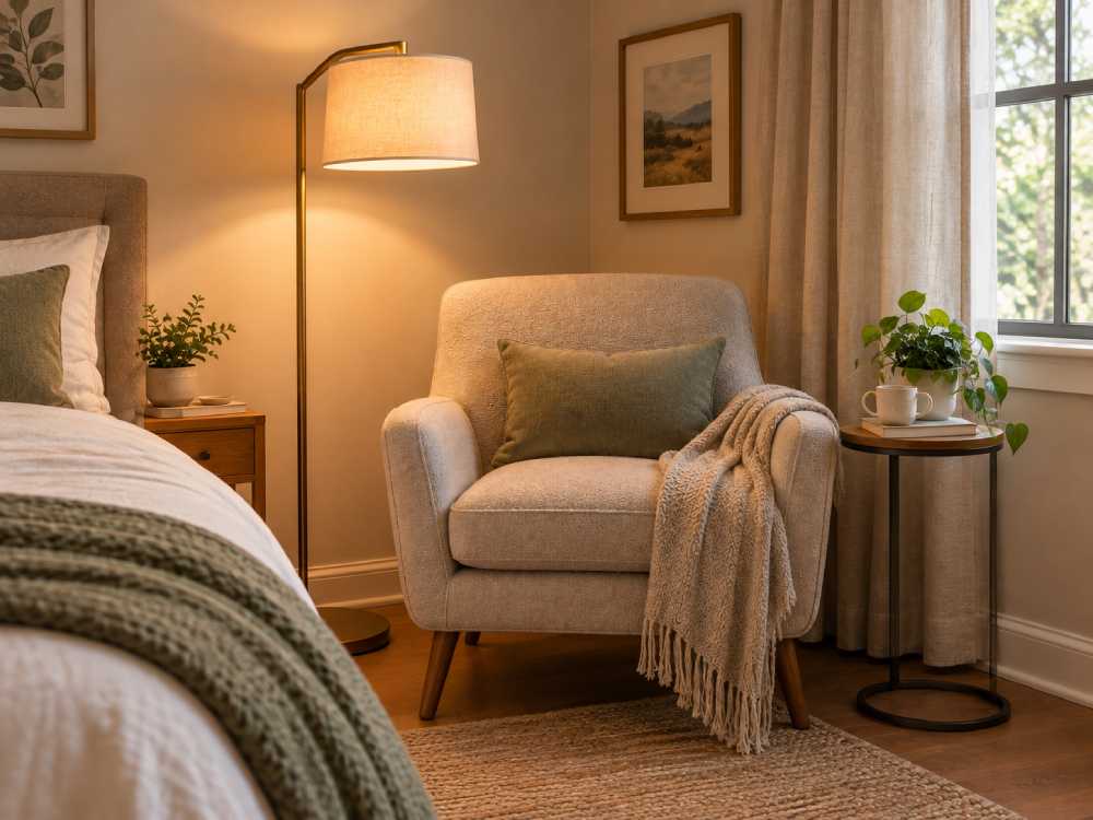 A floor lamp positioned beside a bedroom reading chair with warm light