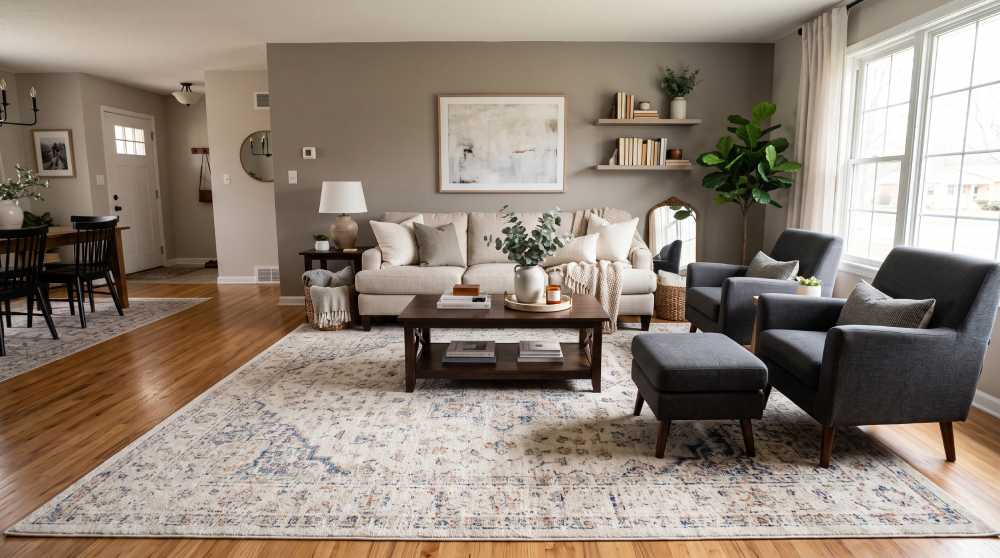 A large area rug properly sized under a living room seating arrangement