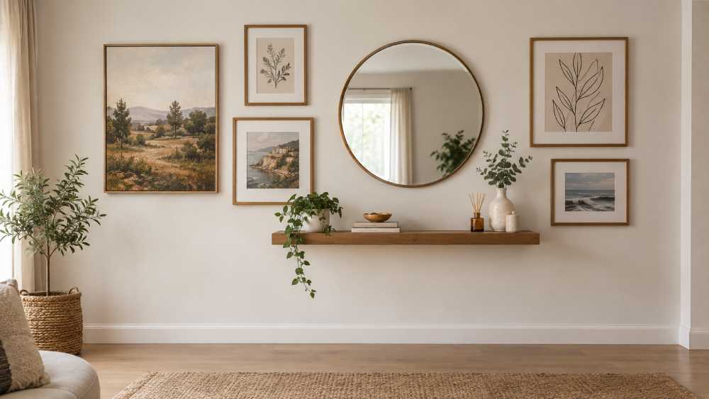 A large blank wall styled with a mix of framed art, a floating shelf and a mirror