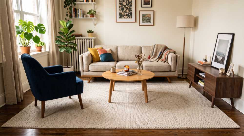 A large light-colored rug spanning a small living room, with furniture legs resting on it