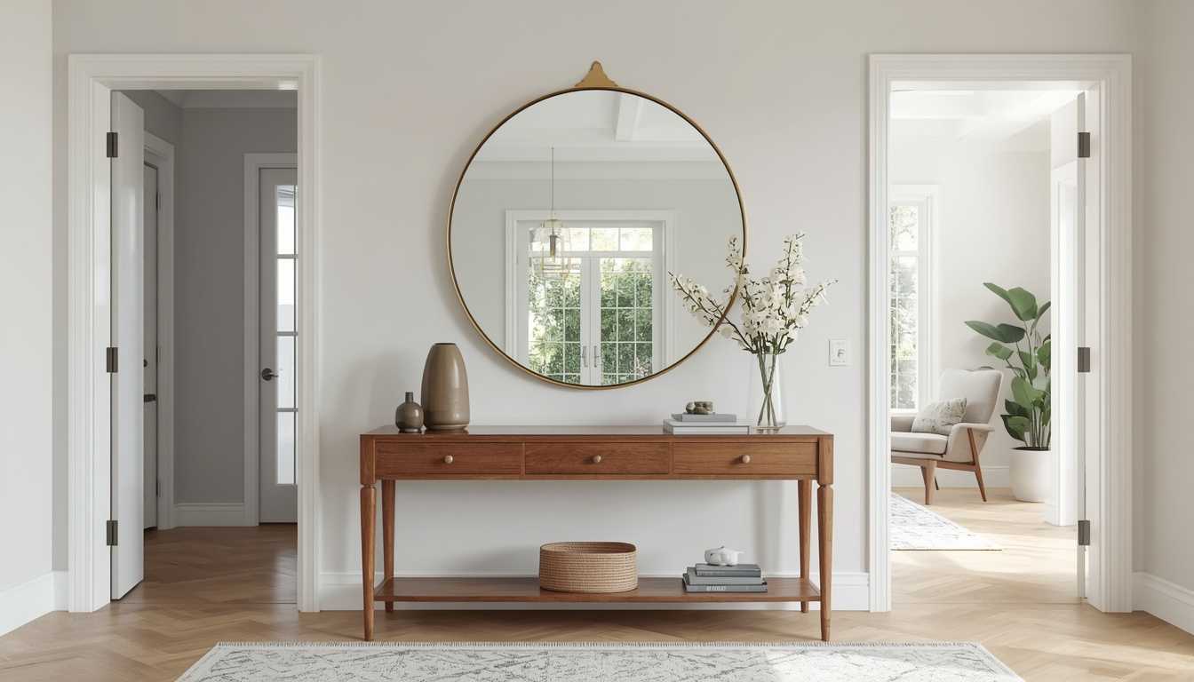 A large round mirror above a console table in a bright hallway