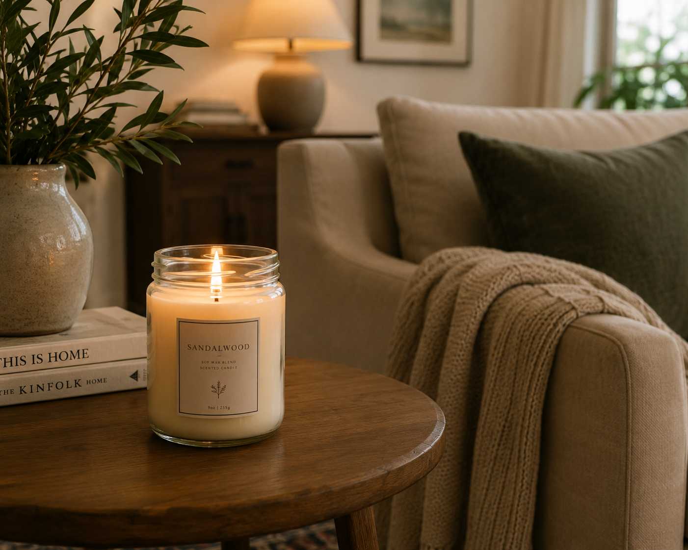 A lit jar candle on a side table in a softly lit living room