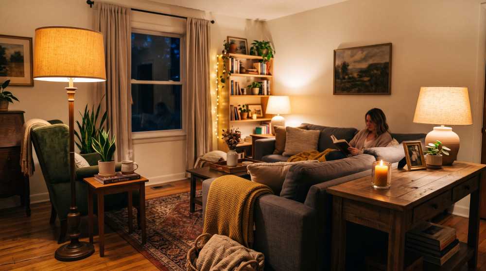 A living room lit with layered warm lighting from a floor lamp, table lamp and candle