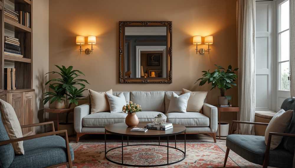 A small living room brightened with wall sconces, a mirror and warm layered lighting