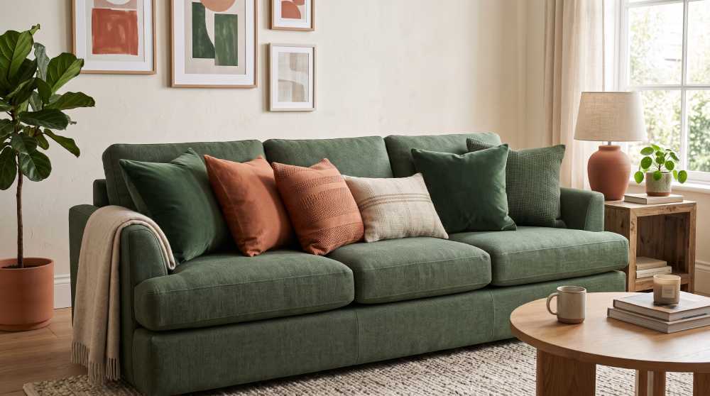 A sofa with pillows in a coordinated color palette of one main color, one accent and a neutral