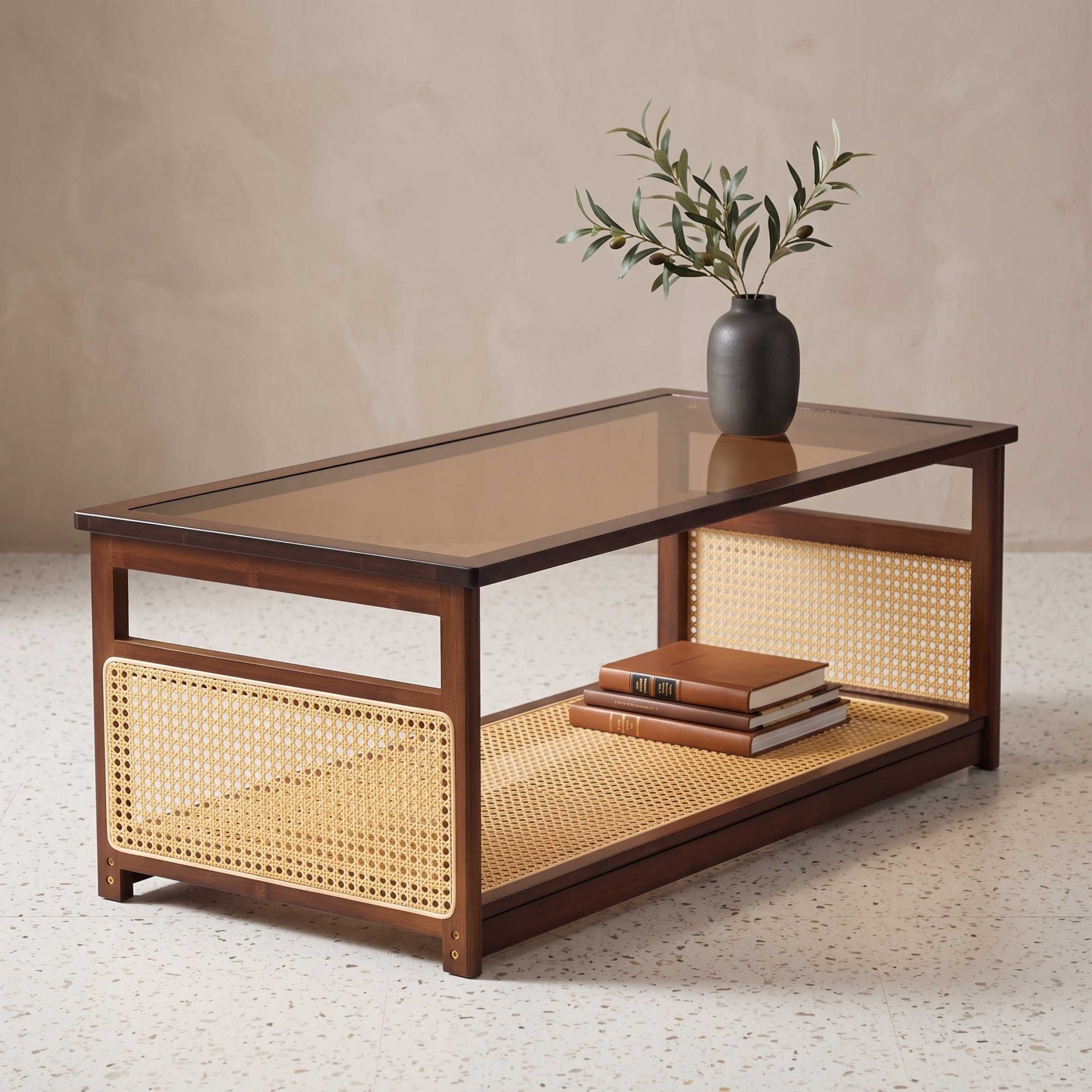 Bamboo Coffee Table 42.5 Inch, Rattan Panels Glass Top