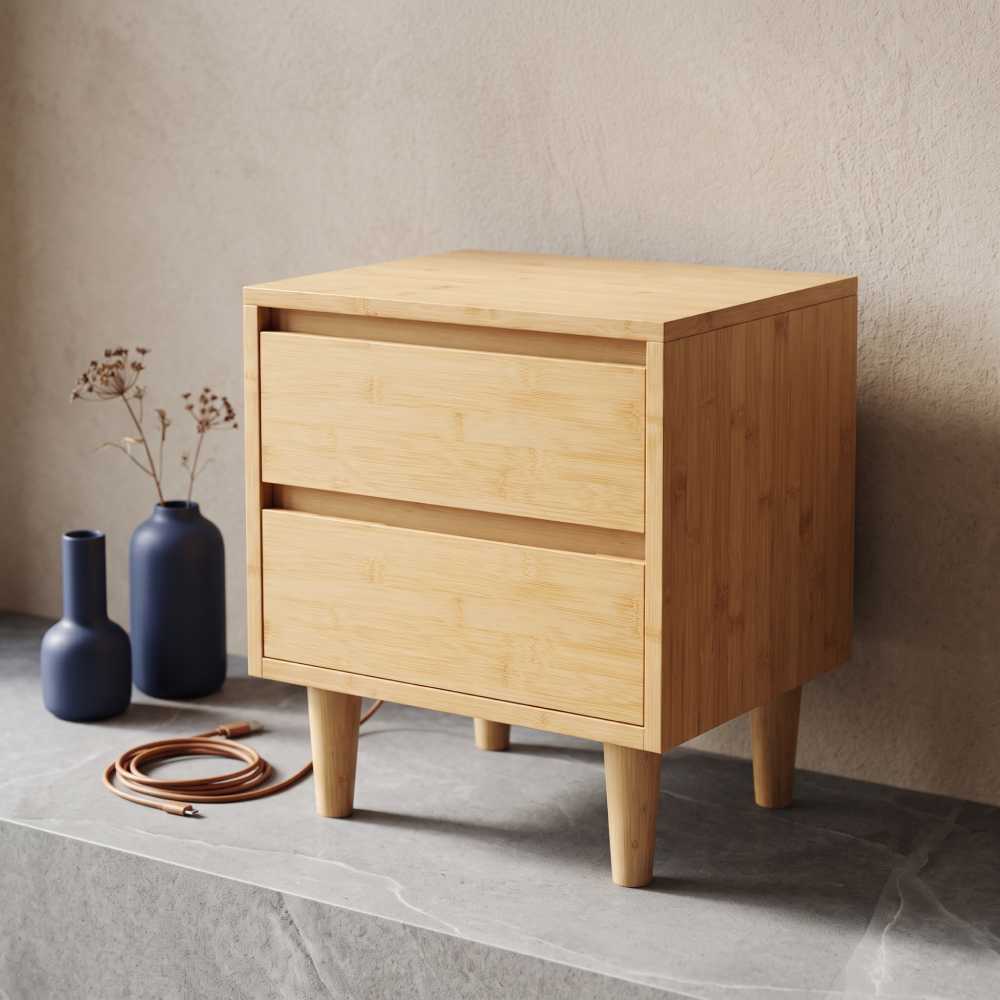 Bamboo Nightstand 23 Inch, Dovetail Drawers Natural