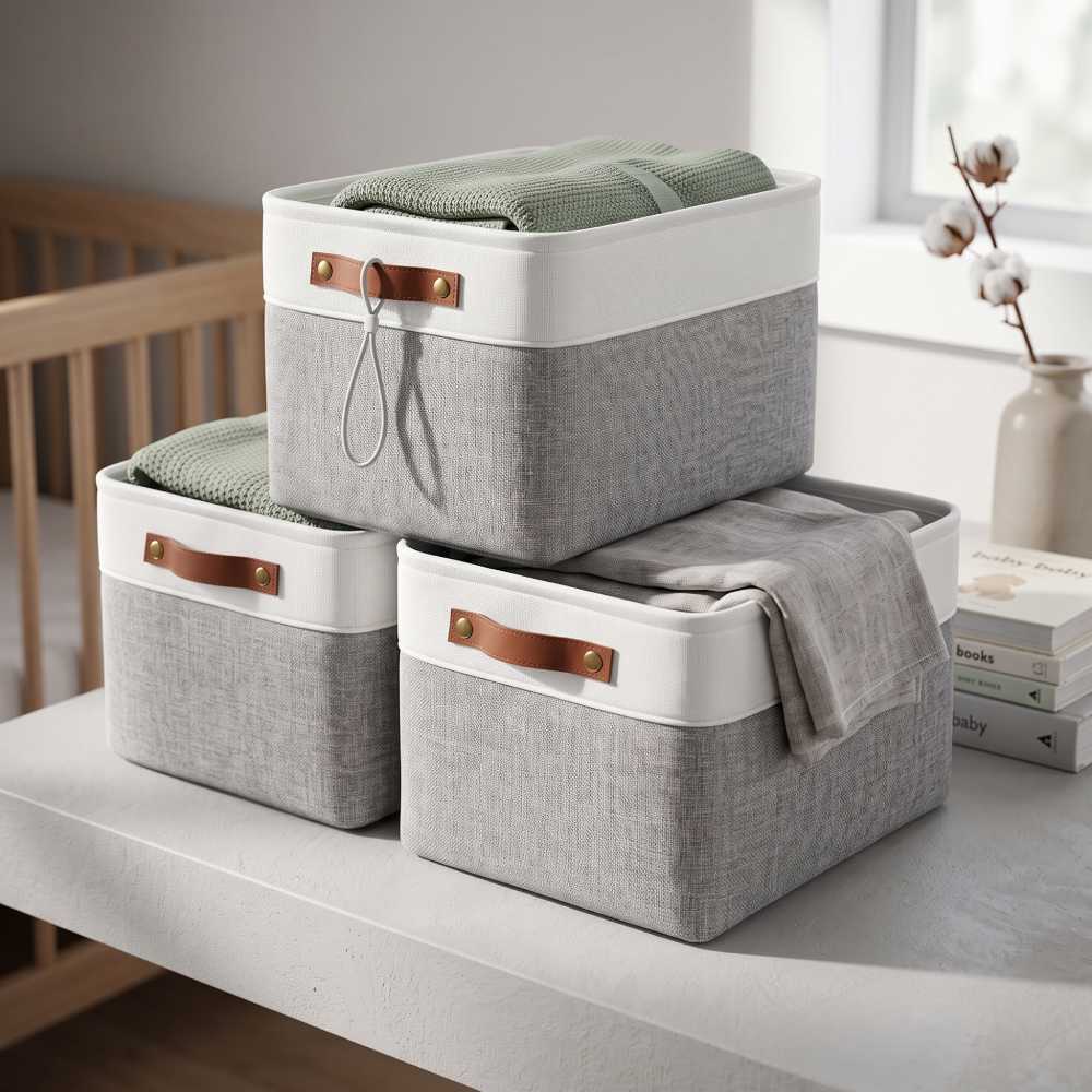 Canvas Closet Storage Baskets 16 Inch, OrganiHaus Gray and White