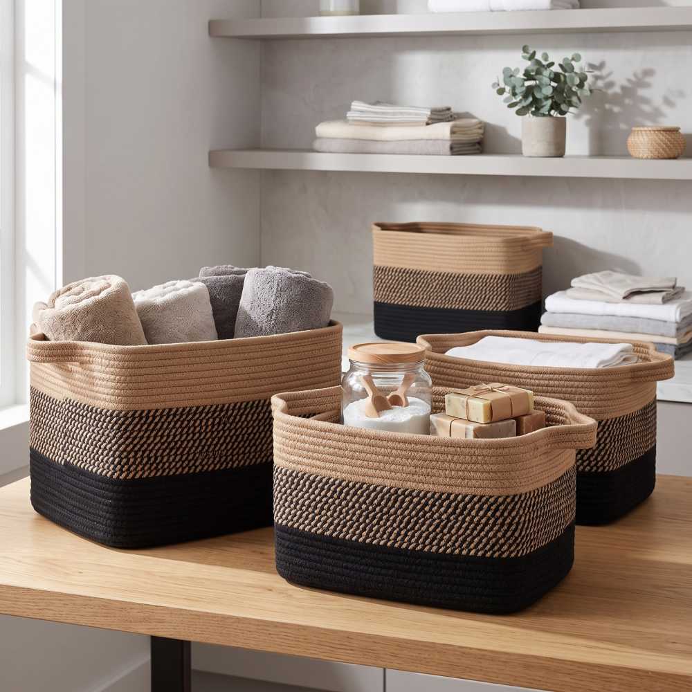 Cotton Rope Storage Baskets 13 Inch, OIASKET Black and Brown