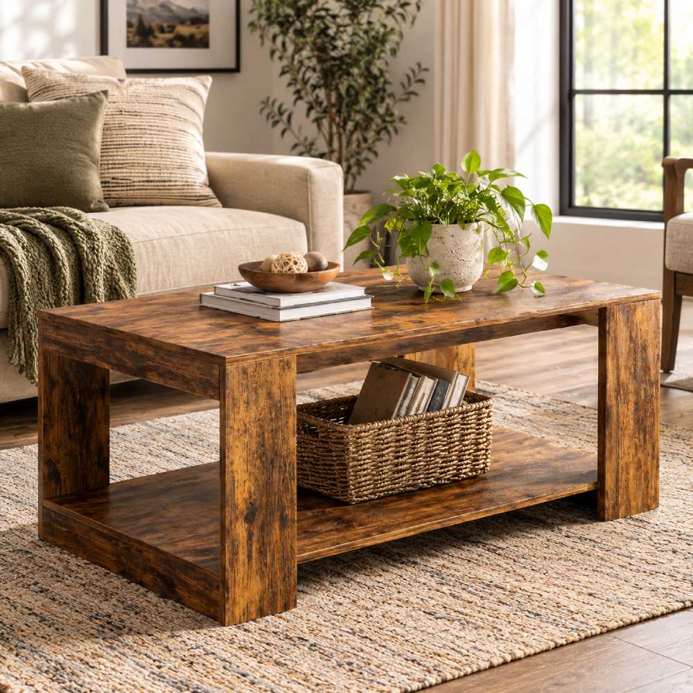 FSC Certified Coffee Table 39 Inch, Rustic Brown Two Tier