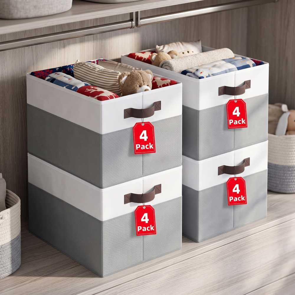 Fabric Closet Storage Baskets 14 Inch, Criusia Gray and White Set of 4