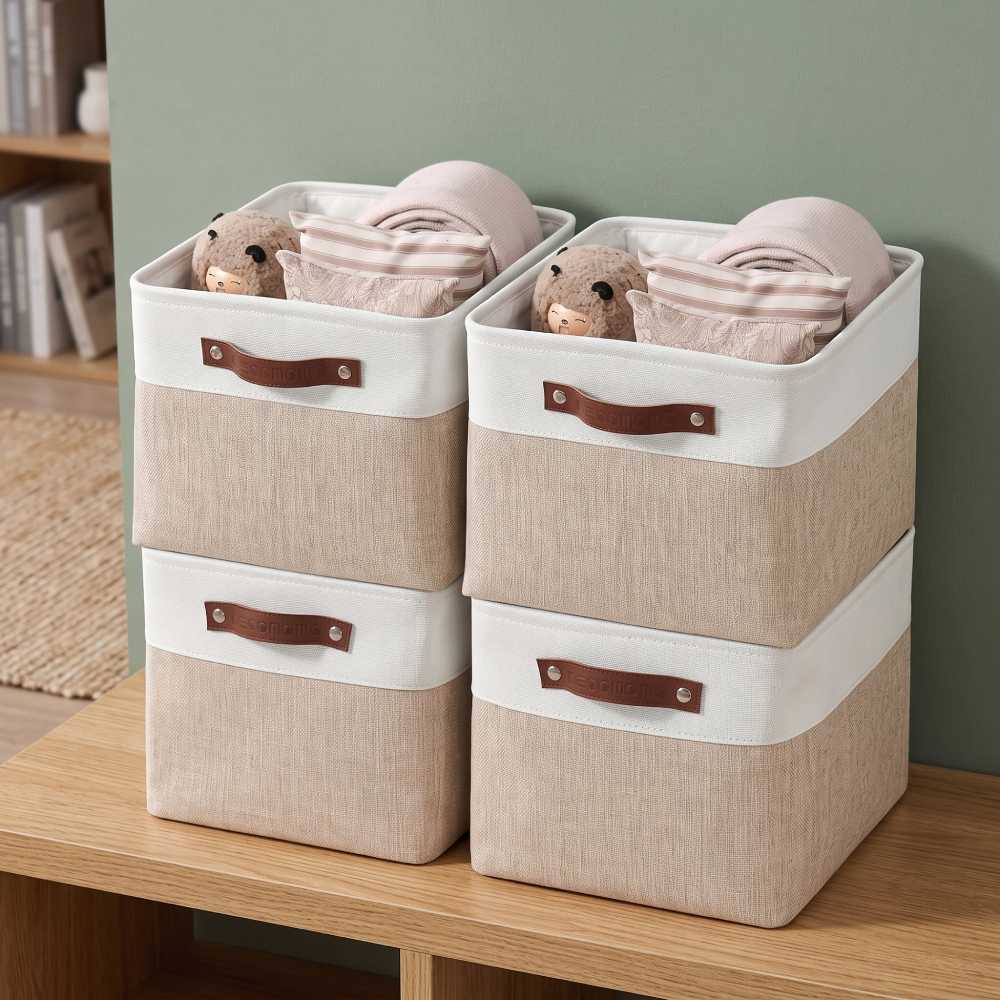 Fabric Closet Storage Baskets 15 Inch, DECOMOMO Beige and White