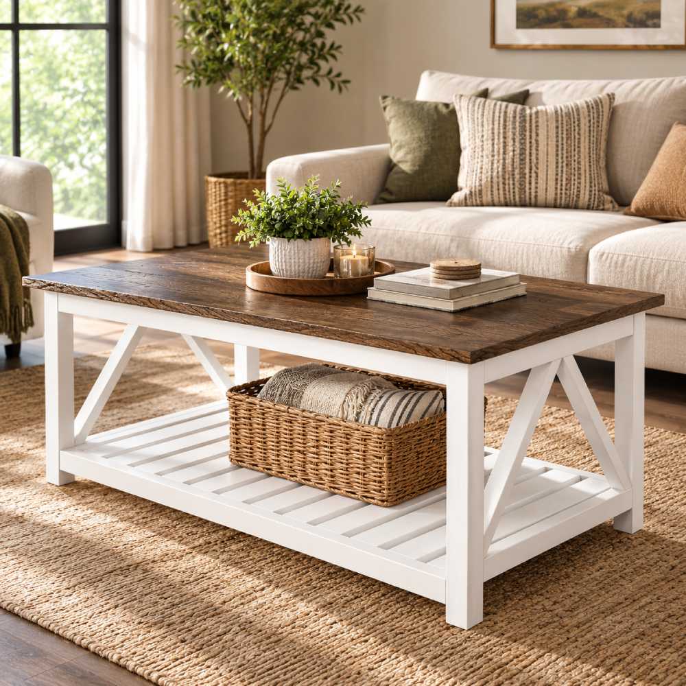 Farmhouse Coffee Table 40 Inch, White A Frame Two Tone