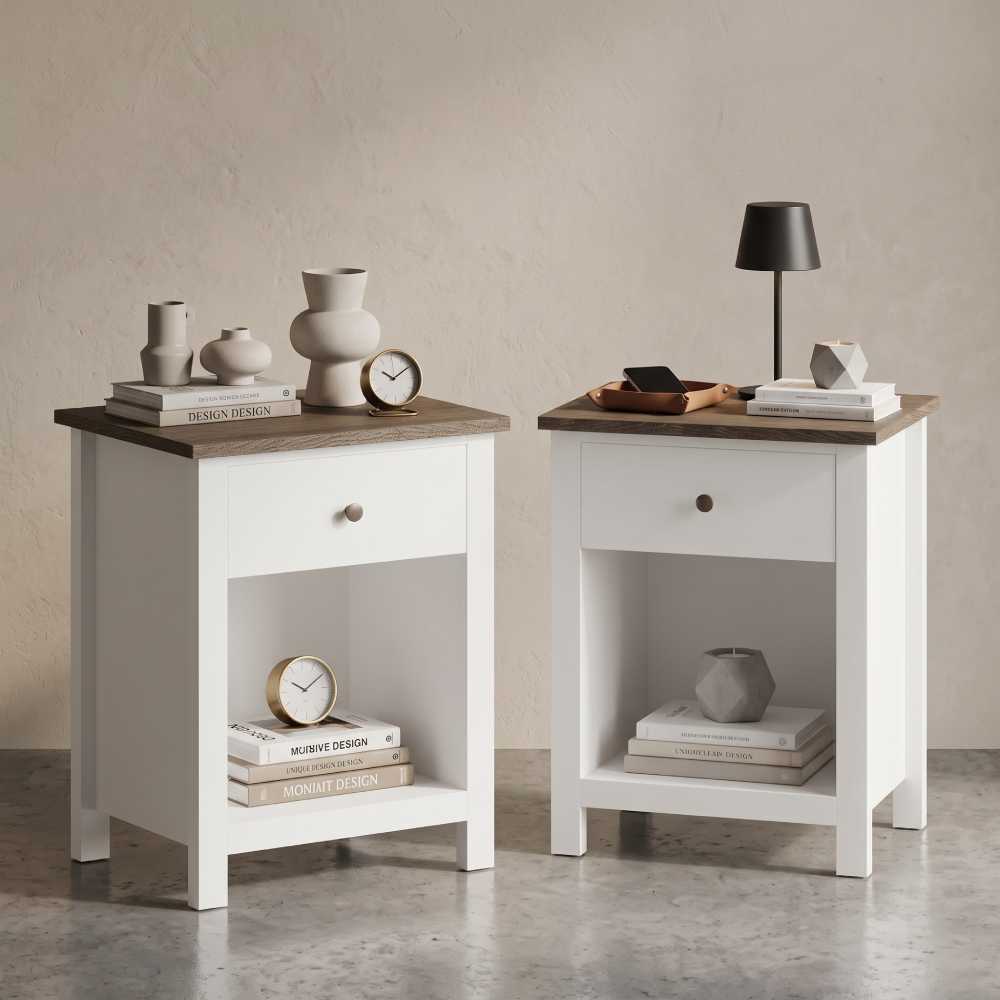 Farmhouse Nightstand Set of 2, Charging Station White