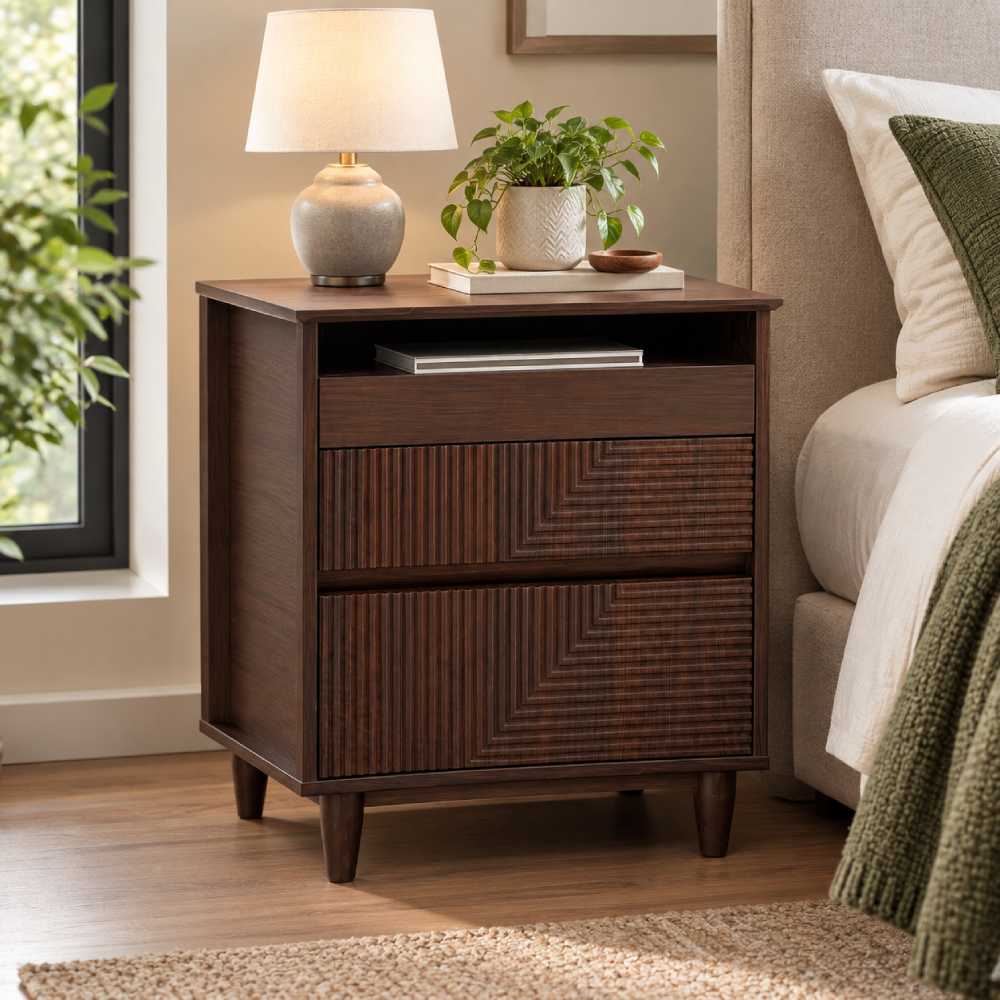 Fluted 3 Drawer Nightstand 22 Inch, Walnut Charging