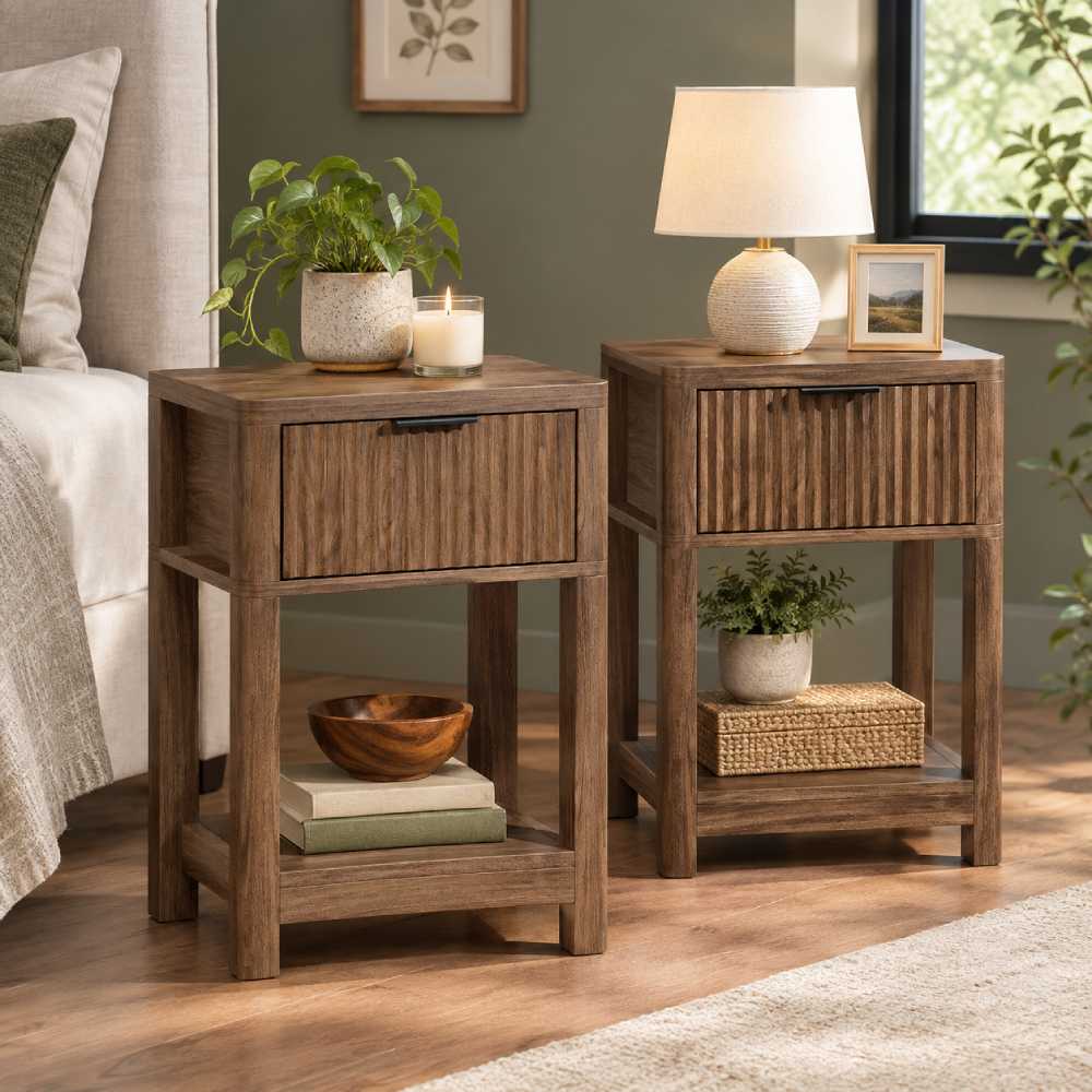 Fluted Nightstand Set of 2, Dark Walnut Mid Century