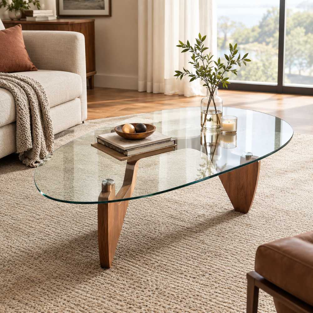 Glass Triangle Coffee Table 42.5 Inch, Natural Wood Legs