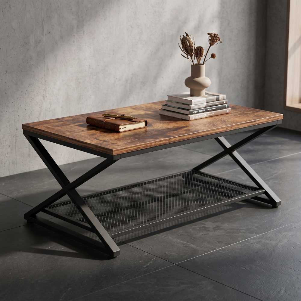 Industrial Coffee Table 47 Inch, Rustic Brown Mesh Shelf