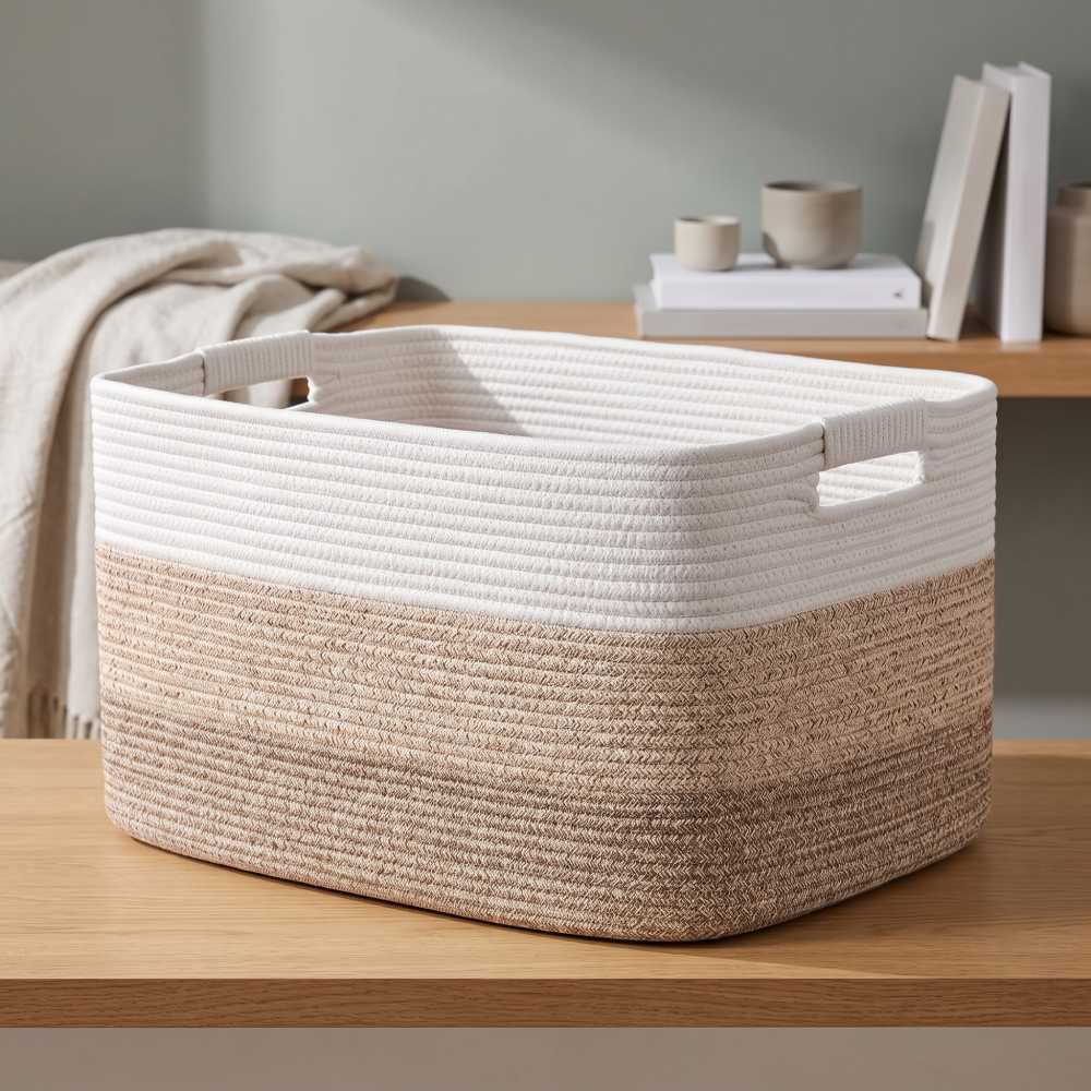 Large Cotton Rope Blanket Basket 22 Inch, OIAHOMY Gradient Brown 75L